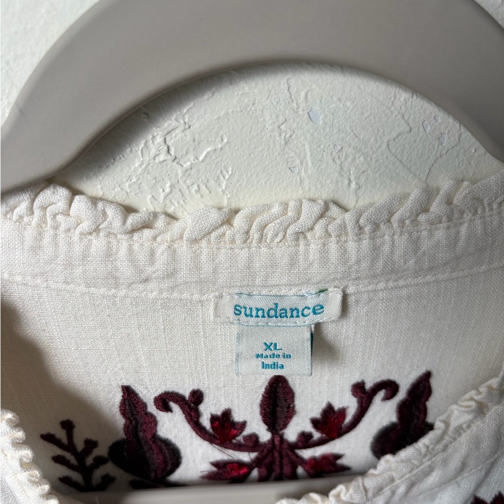 Sundance White Burgundy Embroidered Maxi Dress Tie Waist Boho Cottagecore XL - Picture 2 of 16